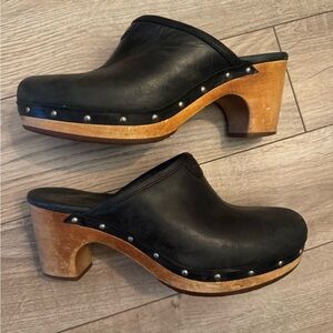 UGG Black Leather Clogs with Wooden Heel